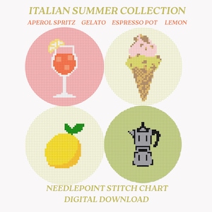 Può includere: Un grafico di punto croce digitale con il tema Collezione Estiva Italiana. Il design presenta immagini pixelate di un Aperol Spritz, gelato, una caffettiera e un limone, ciascuno all'interno di una cornice circolare. Il testo in alto recita "COLLEZIONE ESTIVA ITALIANA".