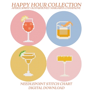 Könnte beinhalten: Ein Kreuzstichmuster mit vier Cocktail-Designs: Aperol Spritz, Old Fashioned, Margarita und Champagner. Jeder Cocktail befindet sich in einem Kreis mit einer anderen pastellfarbenen Hintergrundfarbe. Der Text "Happy Hour Collection" und "Digital Download" sind ebenfalls enthalten.