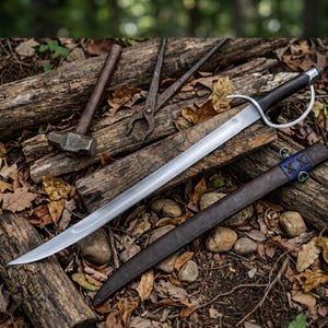 May include: A pirate cutlass with a curved blade and a dark wooden handle, resting on a bed of logs and leaves. The sword is accompanied by a leather sheath with blue accents. A hammer and pliers are also visible.