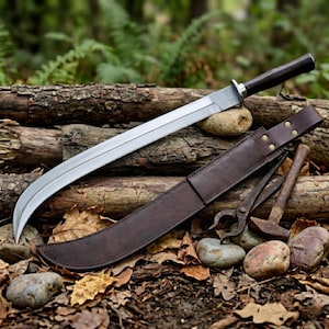 May include: A large, curved blade knife with a dark wooden handle and a brown leather sheath. The blade is silver and the sheath is secured with brass rivets. The knife rests on a bed of leaves and logs.