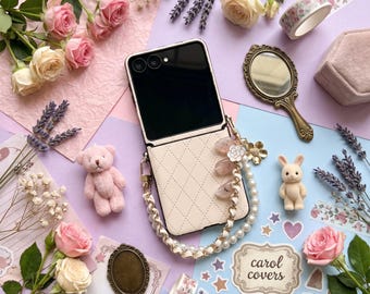 Étui à rabat pour Samsung Z avec chaîne en perles - Étui de style coréen à motif losange