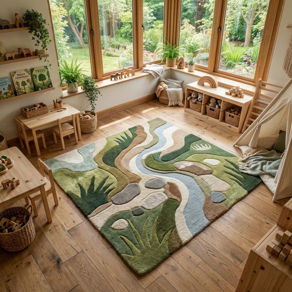 Nature Playroom Rug for Kids, Woodland River Landscape Rug, Montessori Nursery Decor, Soft Eco Friendly Kids Room Carpet Non Toxic Play