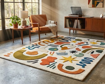 Modern abstract vloerkleed, handgetuft kleurrijk boho-tapijt, woonkamertapijt uit het midden van de eeuw, Scandinavisch vloerkleed, statement woondecoratie