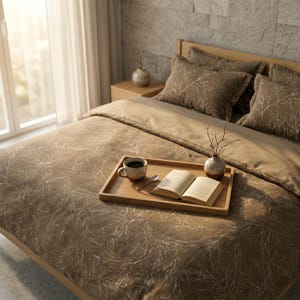 Pode incluir: Uma cama com edredom e almofadas marrons adornadas com um padrão de galhos brancos. Uma bandeja de madeira contém uma xícara de café, uma colher e um livro aberto. Dois pequenos vasos com galhos estão em uma mesa de cabeceira.