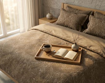Colcha de lujo estilo boho / Juego de ropa de cama jacquard marrón / Decoración de habitación con temática natural / Edredón elegante con diseño de ramas florales / Funda de cama estética para dormitorio