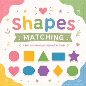 Puede incluir: Una tarjeta de actividad educativa cuadrada titulada "shapes MATCHING A FUN & ENGAGING LEARNING ACTIVITY" con ilustraciones coloridas de un círculo, cuadrado, triángulo, rectángulo, estrella, corazón, óvalo, hexágono, rombo y octágono sobre fondo blanco.