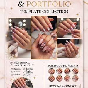 Peut inclure: Un dépliant marketing numérique intitulé NAIL ARTISTRY & PORTFOLIO TEMPLATE COLLECTION sur fond de marbre rose clair. Il présente plusieurs photographies d'ongles manucurés avec divers motifs, des listes de services et des espaces de contact.