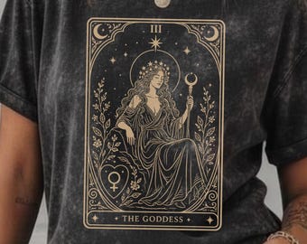 Camiseta con la carta del tarot de la diosa, camiseta gráfica vintage de la diosa mística, camiseta de la diosa, camiseta con lavado mineral, top místico, lavado ácido, vibras de bruja