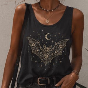 Floral Moon Bat Tank Top, Gothic Night Sky Illustration, Summer Tank Top, Star and Moon Bat Tank, Sleeveless Shirt, Cotton Tank