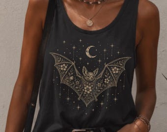 Camiseta sin mangas con estampado floral de murciélagos lunares, ilustración de cielo nocturno gótico, camiseta sin mangas de verano, camiseta sin mangas con estrellas y lunas, camiseta sin mangas de algodón.