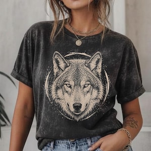 Wolf Illustration Tee, Distressed Crewneck Shirt, Mineral Wash Shirt, Vintage Inspired, Worn In Tee, Woodland Animal,  Wolf Head Shirt