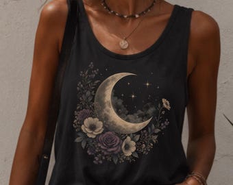 Camiseta sin mangas con estampado floral de luna creciente, camiseta sin mangas vintage con rosas y luna, camiseta sin mangas de color intenso, colores cómodos, camisa de verano, camiseta sin mangas celestial