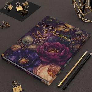 Dark Vintage Inspired Floral Hardcover Journal, Matte Notebook, Gothic Floral Diary, Lined Paper Book, Dream Notebook, Gift for Her