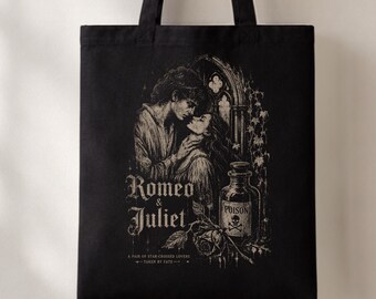 Bolso de mano con ilustración de Romeo y Julieta, romance literario vintage, detalles florales, club de lectura, citas de Shakespeare, bolso romántico