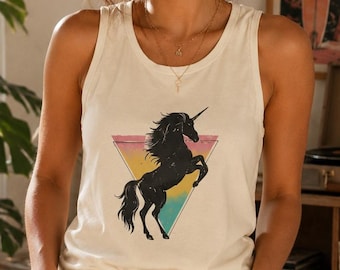 Camiseta sin mangas retro con triángulo arcoíris y unicornio, gráfico vintage de unicornio encabritado, silueta de unicornio, top estilo años 80, camiseta de verano, camiseta sin mangas