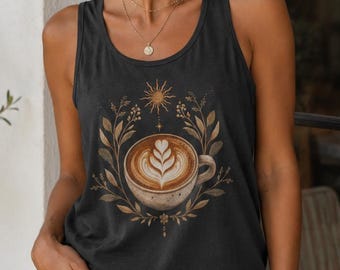 Camiseta sin mangas con ilustración de taza de latte art, diseño floral de taza de café, camiseta sin mangas para amantes del café, arte de capuchino, colores cómodos, camiseta de verano, camiseta de barista,