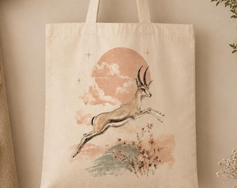 Bolso tote con gacela saltando, ilustración de puesta de sol en el desierto, lienzo de naturaleza bohemia, bolso tote con antílope, bolso reutilizable, bonito bolso tote con gacela, bolso tote de ensueño