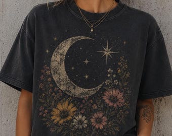 Vintage Crescent Moon with Sunflowers T-Shirt, Boho Celestial Tee, Summer Flower Shirt, Bouquet Floral Tee, Comfort Colors, Dreamy