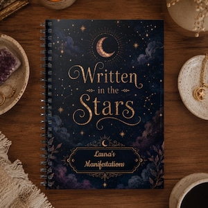 Personalized Written in the Stars Notebook, Celestial Moon Journal, Ruled Spiral Notebook, Moon and Stars, Whimsical Notebook, Custom Name