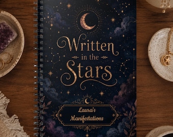 Cuaderno personalizado "Escrito en las estrellas", diario lunar celestial, cuaderno de espiral rayado, luna y estrellas, cuaderno caprichoso, nombre personalizado