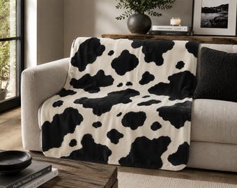 Cow Print Sherpa Blanket, Black White Cowhide Pattern, Cozy Fleece Throw, Home Decor, Soft Blanket, Animal Print Blanket, Southern Style