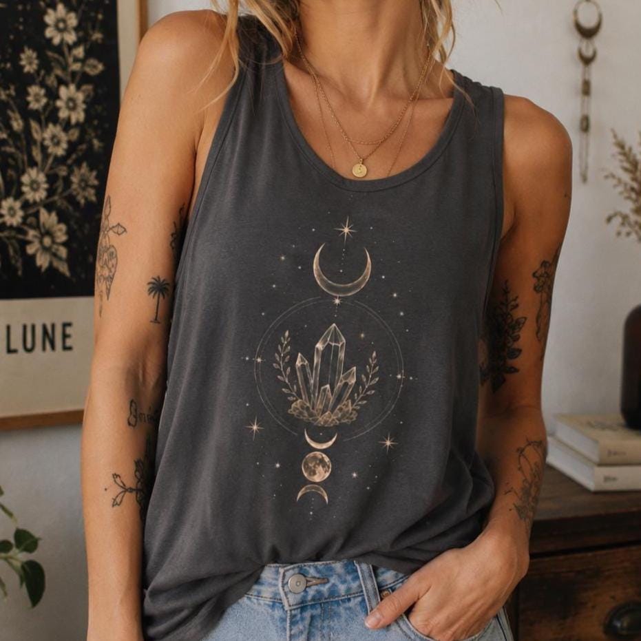 Moon Phases Crystal Illustration Tank Top, Mystic Boho Astrology, Star and Moon, Comfort Colors Tank, Celestial Tank Top, Summer Shirt