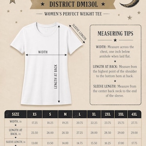 Puede incluir: Tabla de tallas de camisetas blancas con medidas en pulgadas. La tabla incluye ancho, largo de espalda y largo de manga para tallas XS a 4XL. El texto de la tabla dice "Women's Perfect Weight Tee" y "District DM130L".