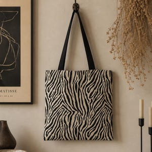 Zebra Print Tote Bag,  Animal Print Pattern, Neutral Black and Cream, Safari Animal, Re-usable Bag, Shopping Bag, Travel Tote