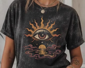 All-Seeing Sun Eye Graphic Tee, Vintage Inspired Celestial Sunset Shirt, Mineral Wash Shirt, Acid Wash, Sunset Eye, Dreamy Sun and Moon