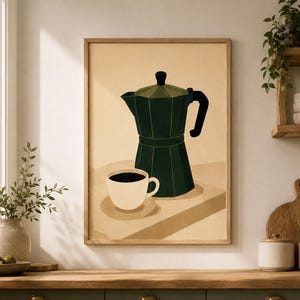 Könnte beinhalten: Ein gerahmter Wandkunstdruck mit einer dunkelgrünen Mokkakanne und einer cremefarbenen Kaffeetasse auf einer Untertasse. Die Illustration verwendet einen neutralen beigen Hintergrund mit klaren Linien und flachen Farben für das Motiv.