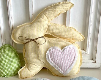 Yellow Farmhouse Bunny, Stuffed Bunny, Rabbit Decor, Tiered Tray Bunny, Seersucker Bunny, Yellow Rabbit, Gingham Bunny
