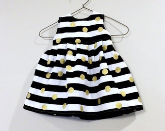 Baby Girl Dress, First Birthday Dress, Flower Girl Dress, Birthday Party Dress, Gold Dots, Toddler Dress, Black and White Striped Dress