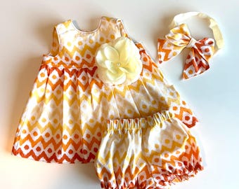 0-3 Months Newborn Dress Set, Dress for Girls, Summer Baby Outfit, Yellow Orange Ombre Set