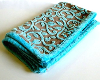 Baby Minky Blanket Soft Small Turquoise Taupe and Satin