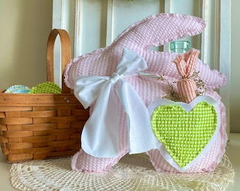 Pink Bunny, Baby Gift, Stuffed Bunny, Bunny Decor, Tiered Tray Bunny, Seersucker Bunny, Pink Bunny, Bunny Plush, Shelf Sitter