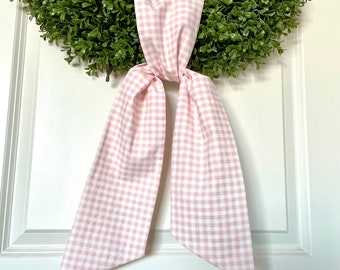 Pink White Gingham Wreath Sash, Blank Pink Wreath Sash, Spring Wreath Sash, Door Decor, Girl Gender Reveal Party, Ready for Embroidery