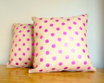 Burlap Pillow Covers, Pink Foil, Hot Pink Polka Dot Pillow Covers, 15” x 15”, Valentines Pillows