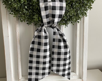 Buffalo Check Wreath Sash, Black White Wreath Sash, Front Door Decor, Wreath Ribbon