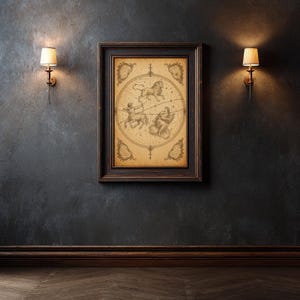 May include: A framed vintage-style print of a celestial map featuring zodiac constellations. The artwork is in a dark wooden frame and hangs on a dark gray wall. Two sconces with lampshades flank the framed print, casting a warm glow.