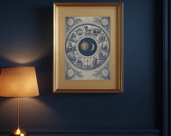 Antique Zodiac Wheel Print — Indigo Astrology Chart, Dark Academia Celestial Wall Art