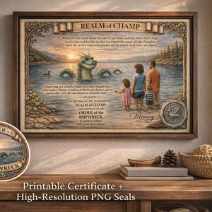 Puede incluir: Una impresión enmarcada y sellos circulares con una ilustración de un monstruo del lago. La impresión representa a una familia en el agua con el monstruo. Los sellos tienen el texto "Order of the Shipwreck". El texto "Lake Champlain Certificate & Seal Collection" también es visible.