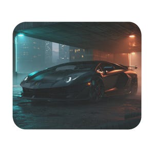 Matte Black Supercar Mouse Pad | Neon City Sports Car Desk Mat