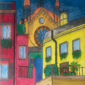 May include: A vibrant painting of a cityscape with buildings in red, yellow, and green. A church with three spires and a stained-glass window is in the background. The artwork is signed "D. Sims 2026".