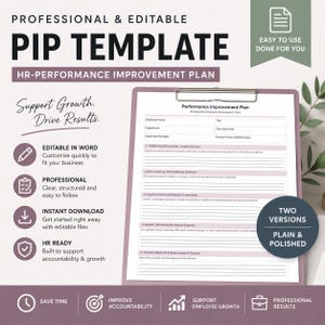Può includere: Un modello PIP professionale e modificabile con il testo "HR-PERFORMANCE IMPROVEMENT PLAN". L'immagine include il testo "Support Growth. Drive Results." e "Performance Improvement Plan". Il modello è disponibile in due versioni: semplice e rifinito.