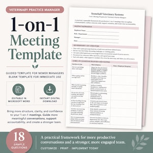 Veterinary 1-on-1 Meeting Template | Practice Manager Employee Check-In Form | Editable Word | Team Coaching & Retention Tool