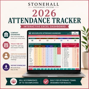 Puede incluir: Una pantalla de portátil que muestra el Stonehall Veterinary Systems 2026 Attendance Tracker, un panel de control interactivo de Excel. La pantalla presenta un resumen anual, una tabla de desglose mensual y una clasificación de empleados.
