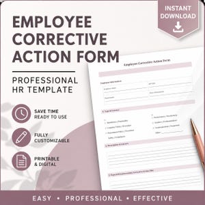 May include: A printable and digital Employee Corrective Action Form template. The document includes sections for employee information, type of concern, and expected improvement. The design is professional and ready to use.