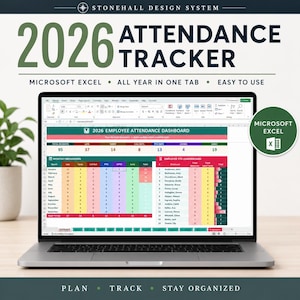 2026 Interactive Attendance Tracker Dashboard | Excel Dashboard up to 100 employees | Late and Absence Tracker | HR Manager Tool | KPI's