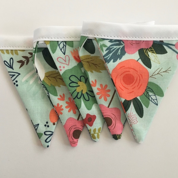 Coral and Mint Fabric Banner. Peach, Mint, Pink Banner. Orange, Mint, Pink Bunting Banner. Pretty Floral Banner. Floral Bunting Banner.