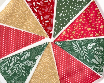 Christmas Fabric Bunting Banner: Red, Green & Gold Holiday Decor